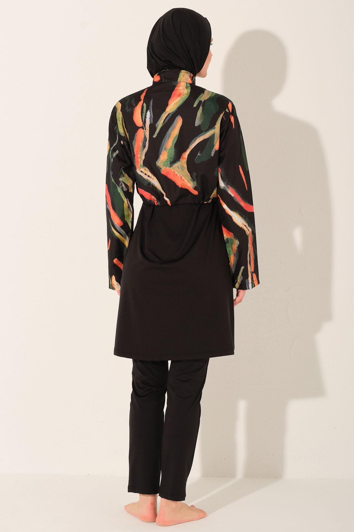 Alfasa Kadın Tam Kapalı Tesettür Mayo Croplu Düz Paça Desenli - Siyah - Thumbnail