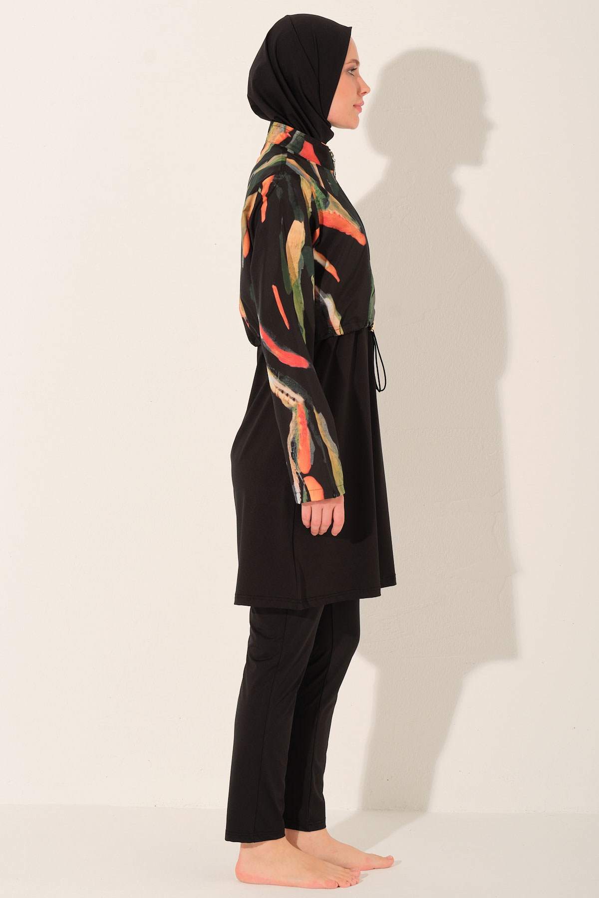 Alfasa Kadın Tam Kapalı Tesettür Mayo Croplu Düz Paça Desenli - Siyah - Thumbnail