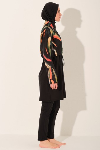 ALFASA - Alfasa Kadın Tam Kapalı Tesettür Mayo Croplu Düz Paça Desenli - Siyah (1)