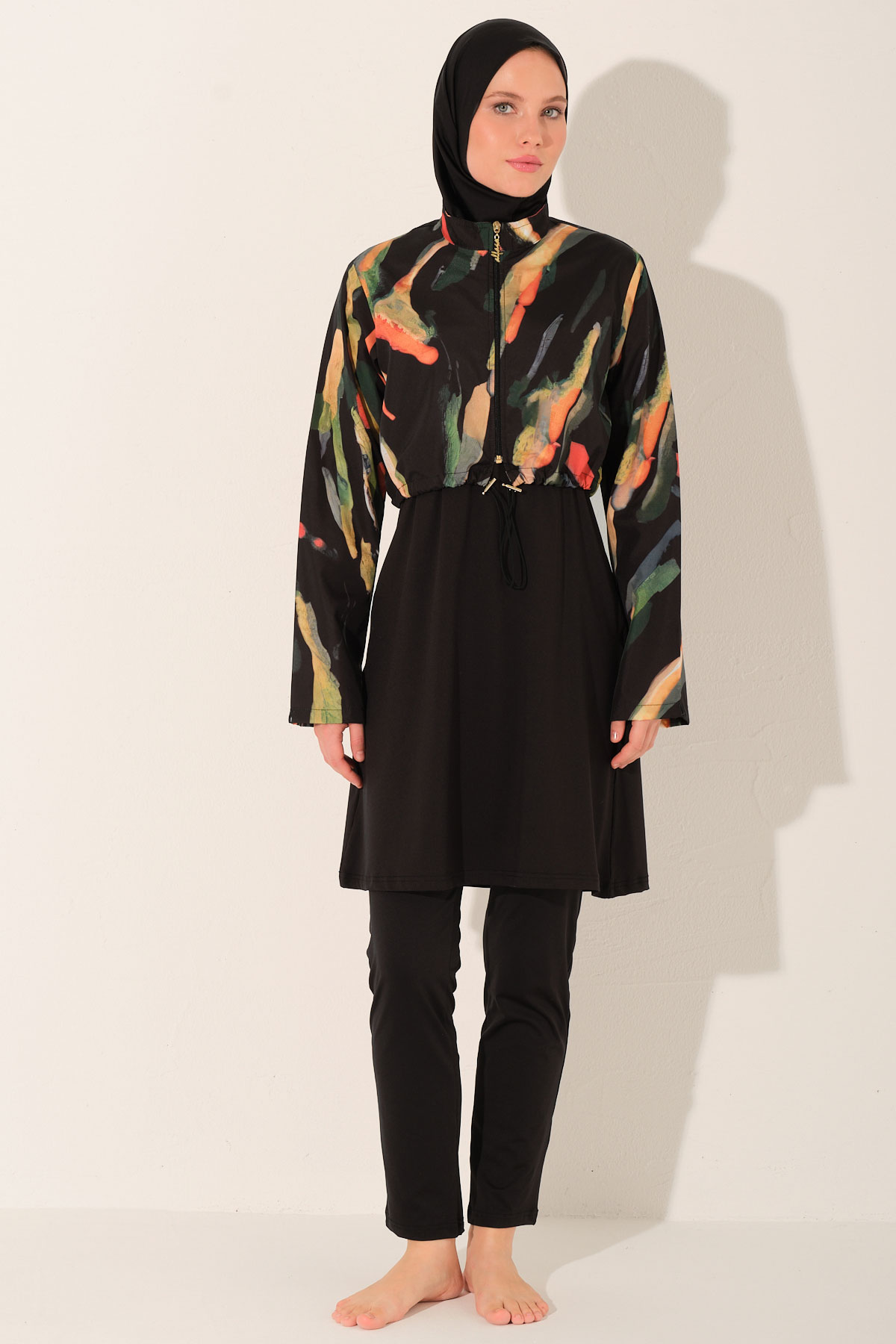 Alfasa Kadın Tam Kapalı Tesettür Mayo Croplu Düz Paça Desenli - Siyah - Thumbnail