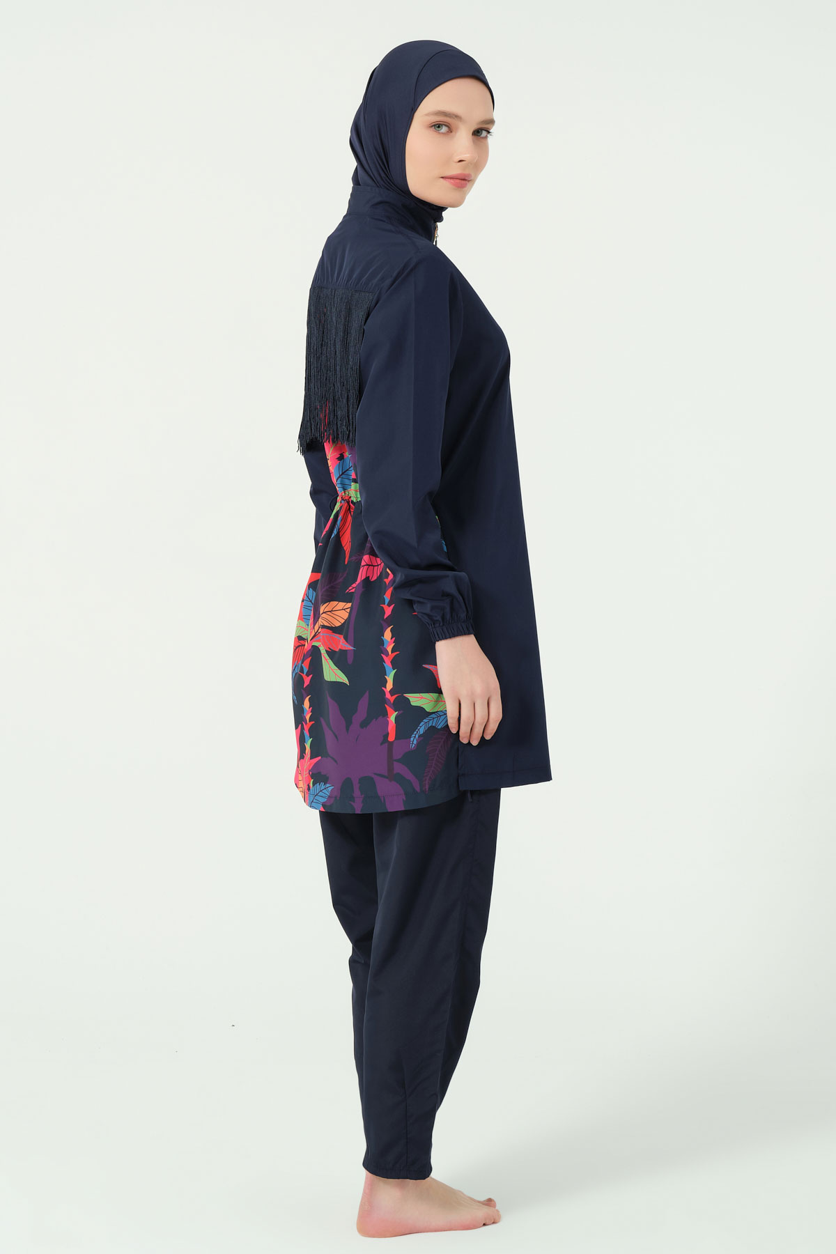 Alfasa Kadın Tam Kapalı Tesettür Mayo Fermuarlı Paraşüt Düz Paça Arka Püskül Süslemeli - Lacivert - Thumbnail