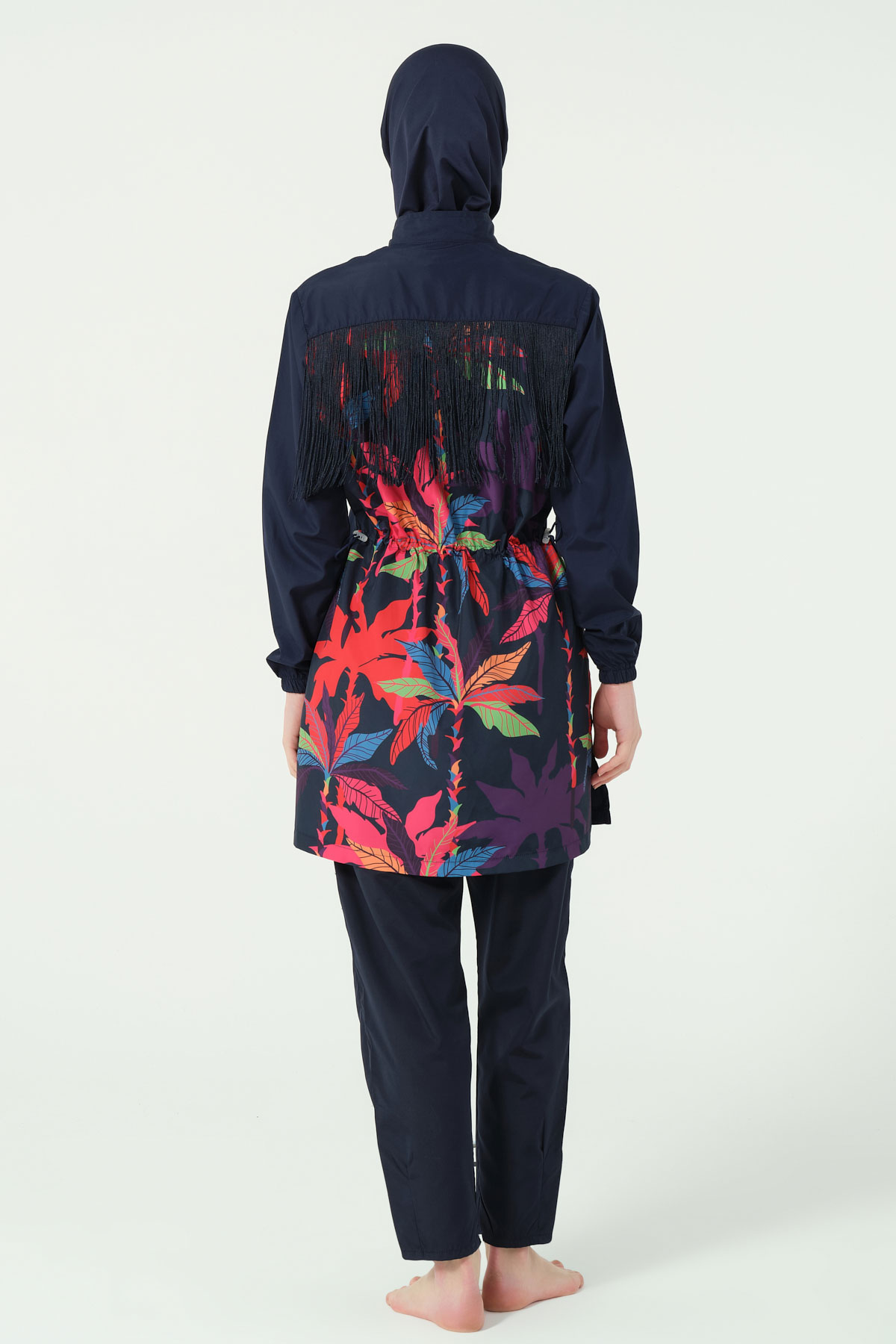 Alfasa Kadın Tam Kapalı Tesettür Mayo Fermuarlı Paraşüt Düz Paça Arka Püskül Süslemeli - Lacivert - Thumbnail