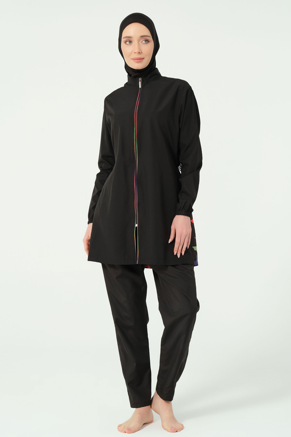 Alfasa Kadın Tam Kapalı Tesettür Mayo Fermuarlı Paraşüt Düz Paça Arka Püskül Süslemeli - Siyah - Thumbnail