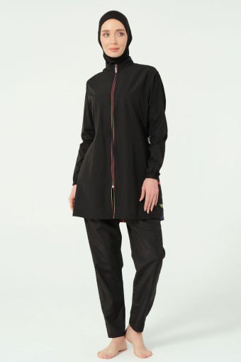 ALFASA - Alfasa Kadın Tam Kapalı Tesettür Mayo Fermuarlı Paraşüt Düz Paça Arka Püskül Süslemeli - Siyah