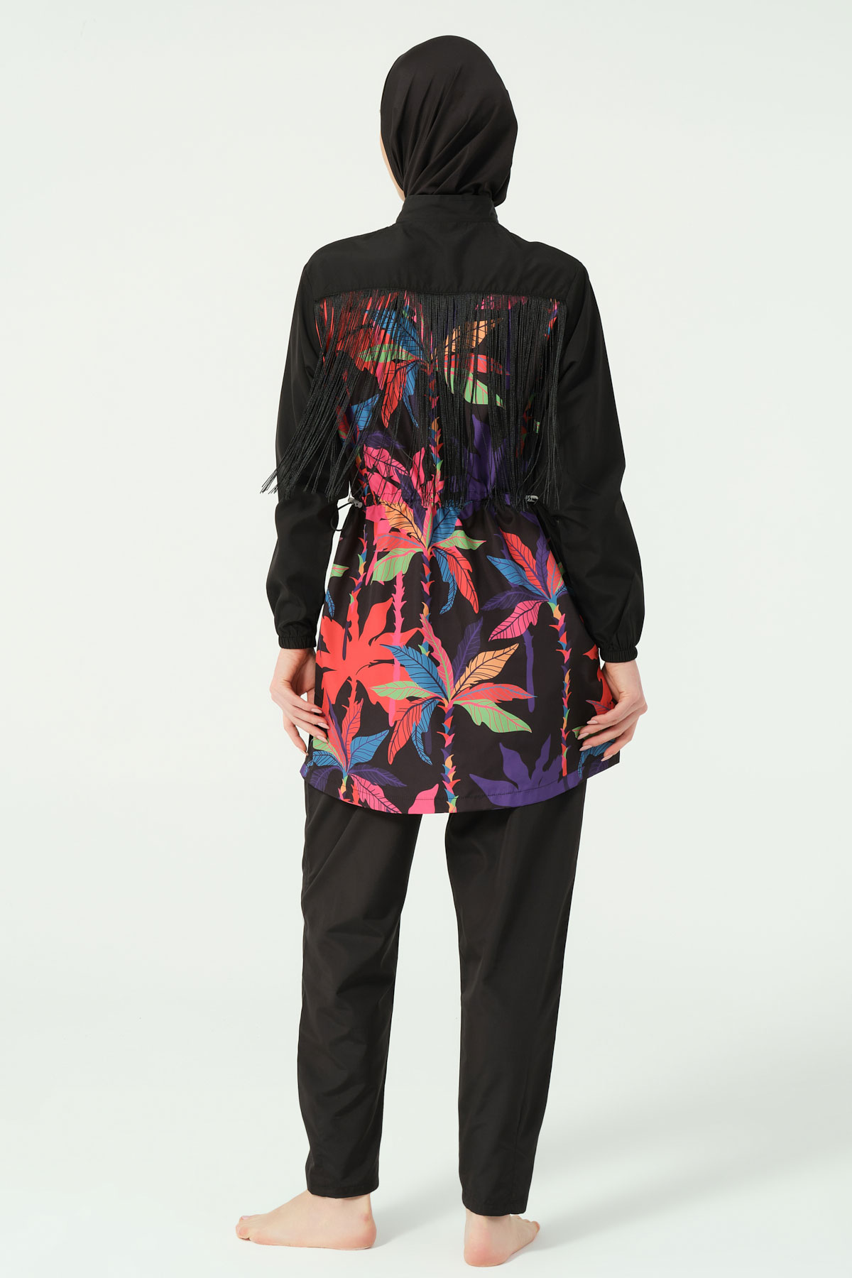 Alfasa Kadın Tam Kapalı Tesettür Mayo Fermuarlı Paraşüt Düz Paça Arka Püskül Süslemeli - Siyah - Thumbnail