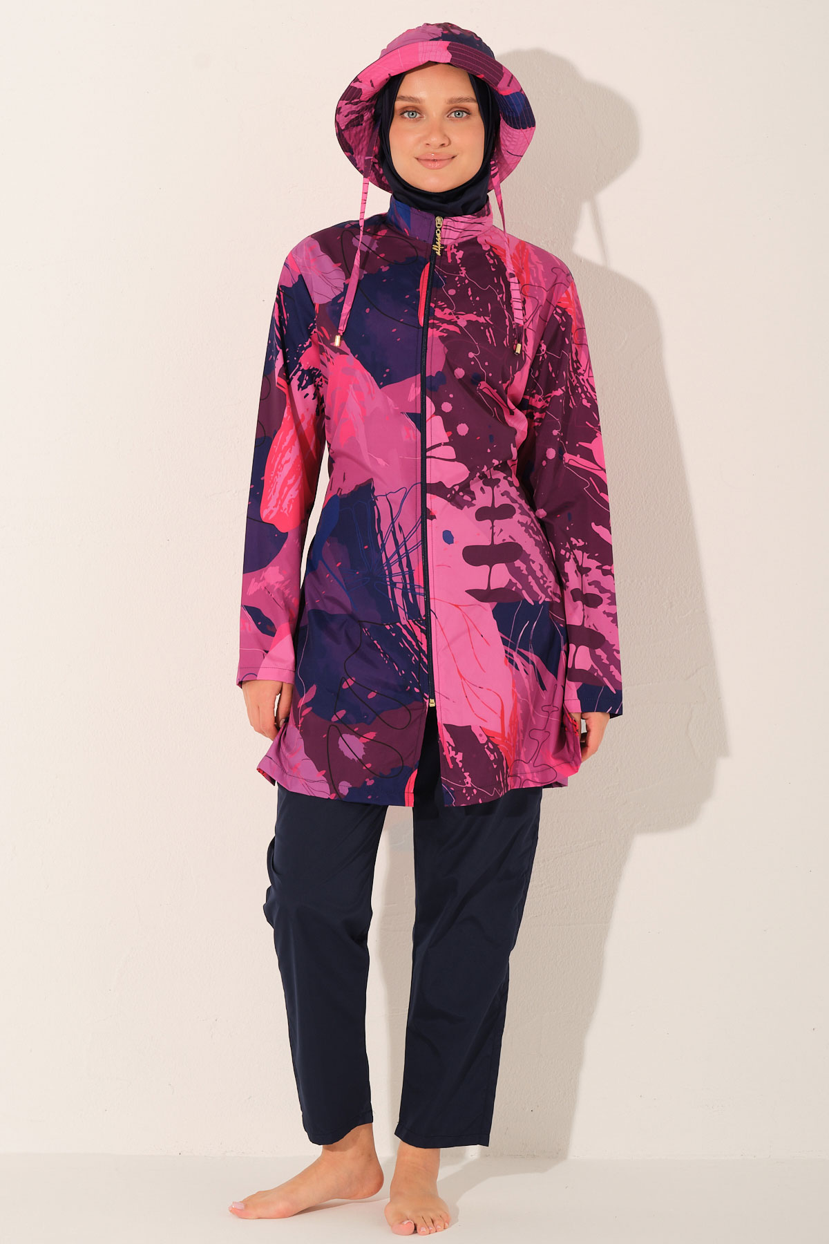 Alfasa Kadın Tam Kapalı Tesettür Mayo Kepli Paraşüt Kumaş Düz Paça Desenli - Lacivert - Thumbnail