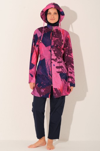 ALFASA - Alfasa Kadın Tam Kapalı Tesettür Mayo Kepli Paraşüt Kumaş Düz Paça Desenli - Lacivert