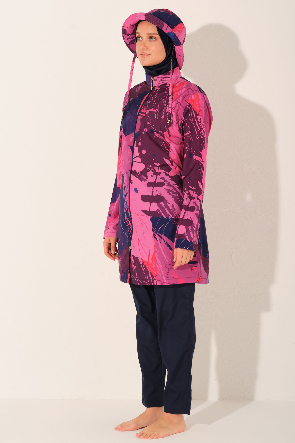 Alfasa Kadın Tam Kapalı Tesettür Mayo Kepli Paraşüt Kumaş Düz Paça Desenli - Lacivert - Thumbnail