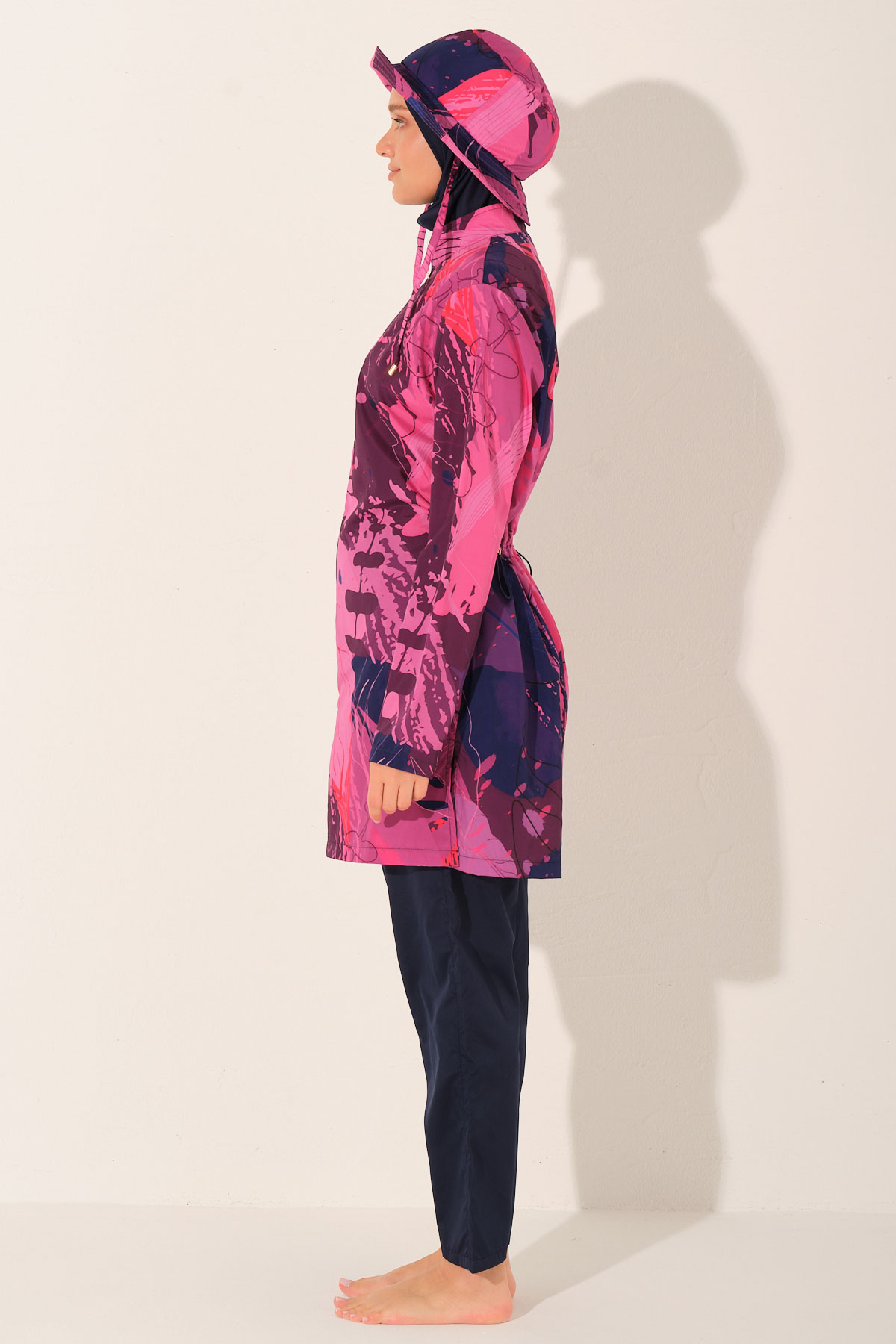 Alfasa Kadın Tam Kapalı Tesettür Mayo Kepli Paraşüt Kumaş Düz Paça Desenli - Lacivert - Thumbnail