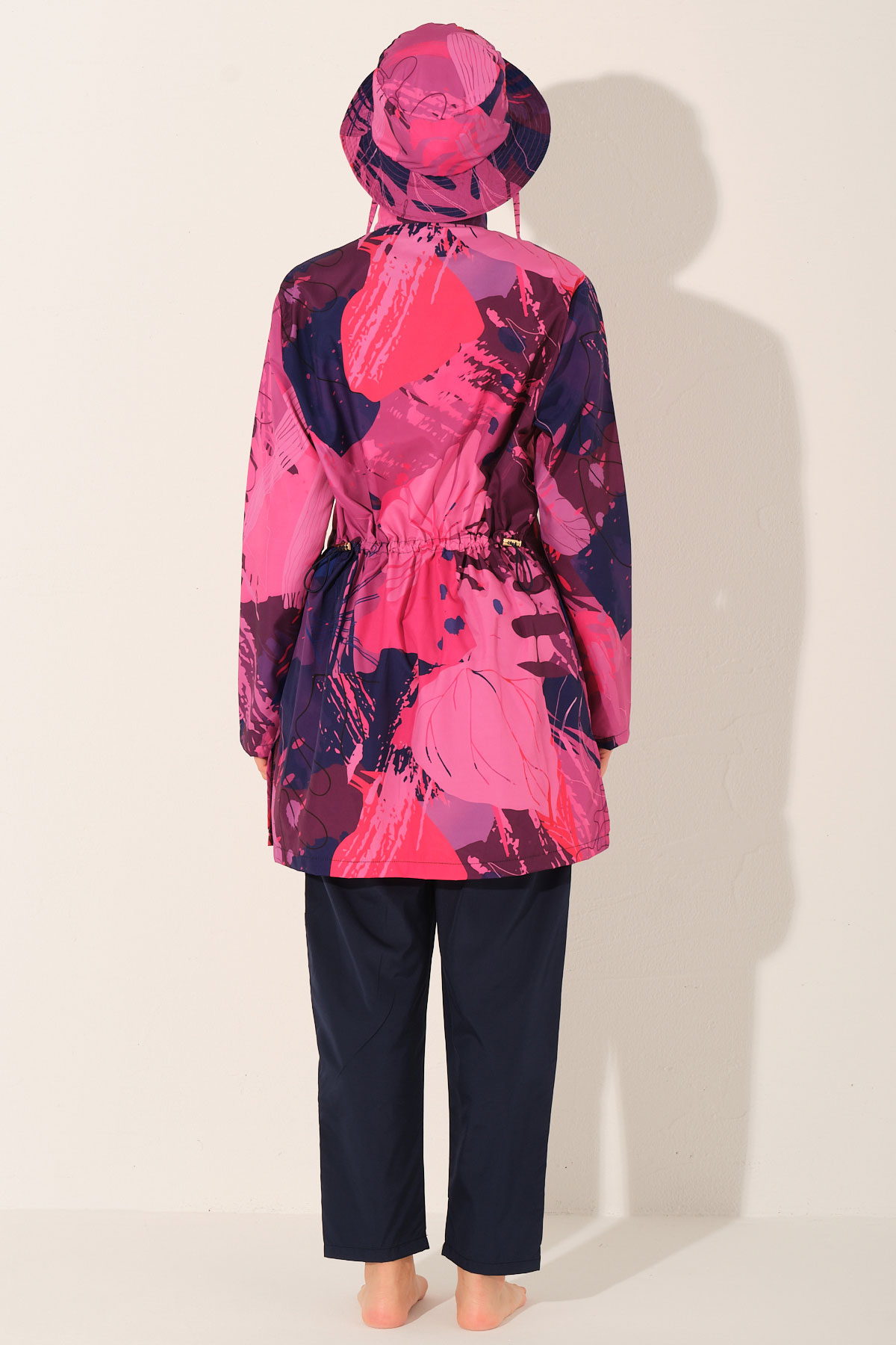 Alfasa Kadın Tam Kapalı Tesettür Mayo Kepli Paraşüt Kumaş Düz Paça Desenli - Lacivert - Thumbnail