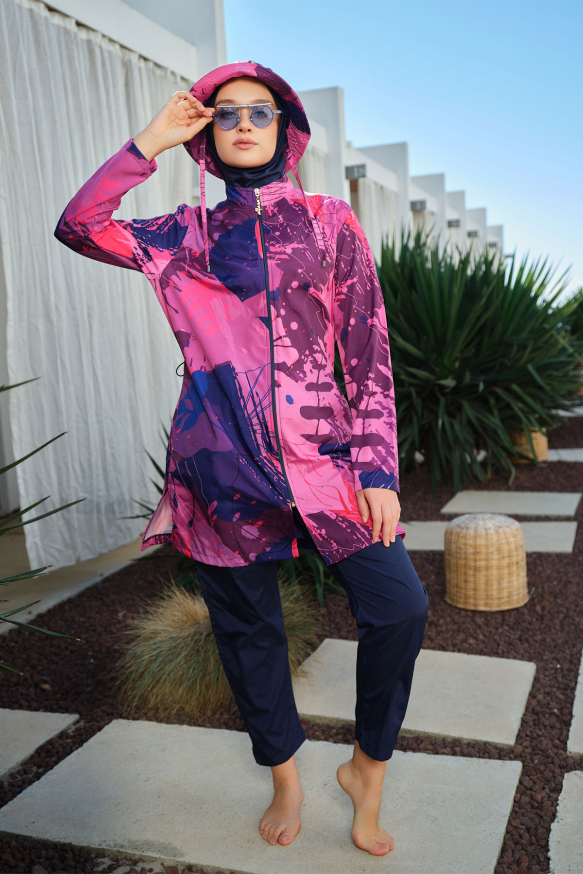 Alfasa Kadın Tam Kapalı Tesettür Mayo Kepli Paraşüt Kumaş Düz Paça Desenli - Lacivert - Thumbnail