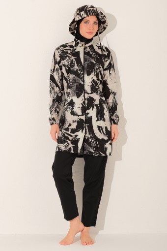 ALFASA - Alfasa Kadın Tam Kapalı Tesettür Mayo Kepli Paraşüt Kumaş Düz Paça Desenli - Siyah