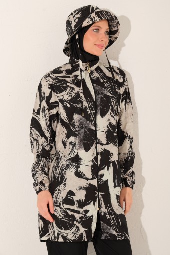 ALFASA - Alfasa Kadın Tam Kapalı Tesettür Mayo Kepli Paraşüt Kumaş Düz Paça Desenli - Siyah (1)