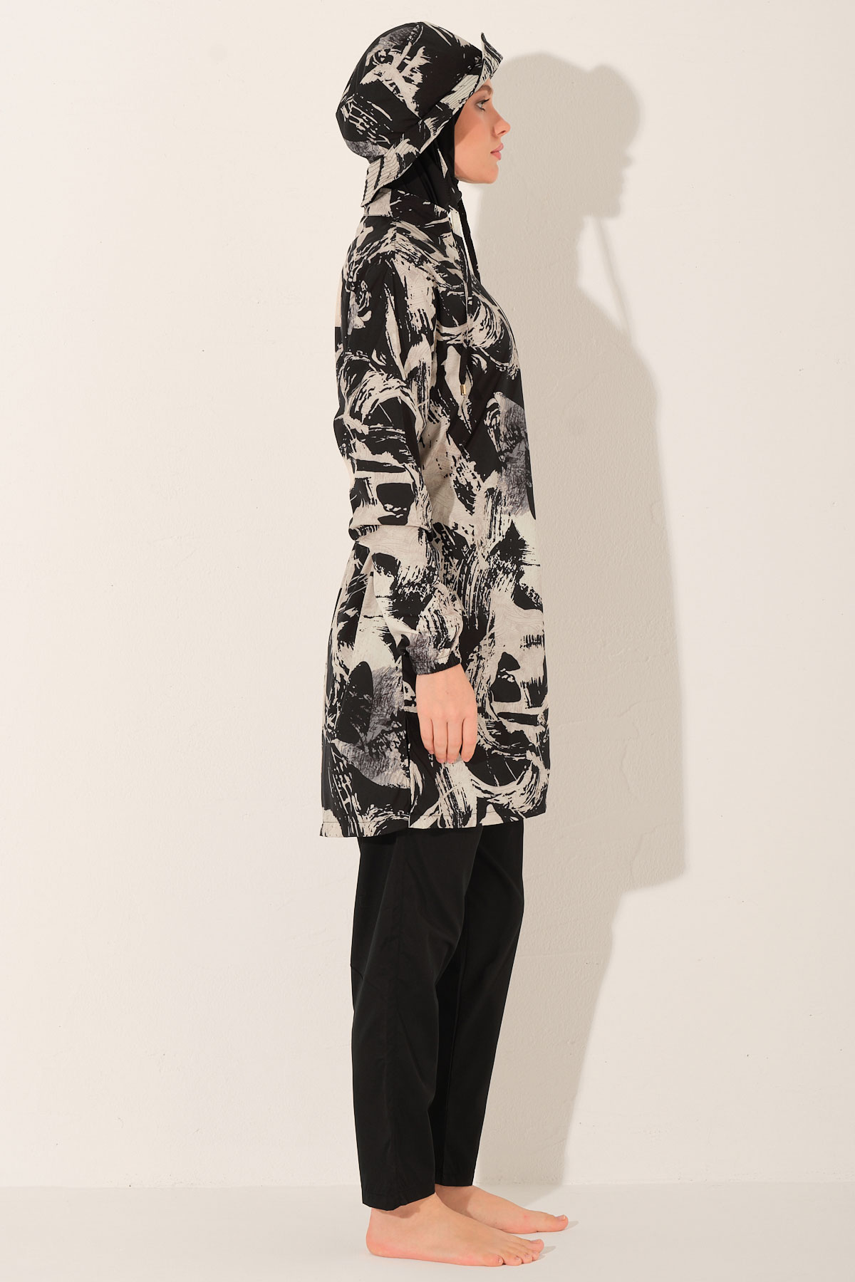 Alfasa Kadın Tam Kapalı Tesettür Mayo Kepli Paraşüt Kumaş Düz Paça Desenli - Siyah - Thumbnail