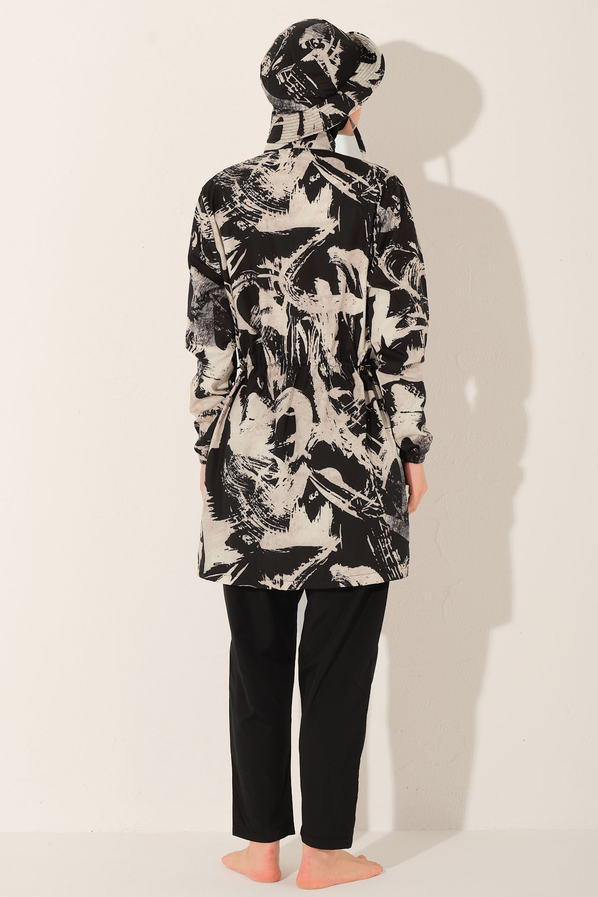 Alfasa Kadın Tam Kapalı Tesettür Mayo Kepli Paraşüt Kumaş Düz Paça Desenli - Siyah - Thumbnail