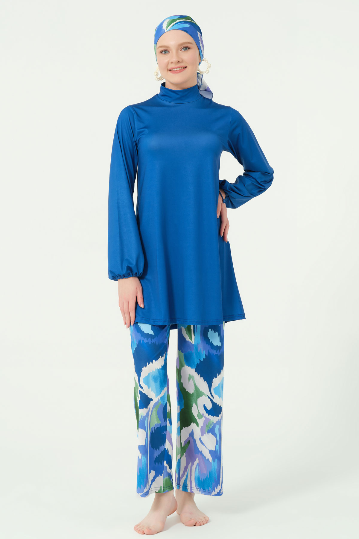 Alfasa Kadın Tam Kapalı Tesettür Mayo Likralı Kumaş Bol Paça Desenli - Mavi - Thumbnail