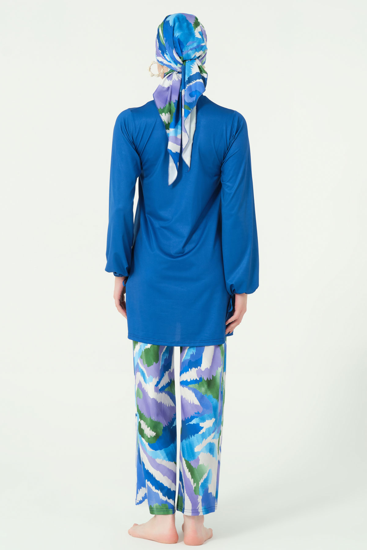 Alfasa Kadın Tam Kapalı Tesettür Mayo Likralı Kumaş Bol Paça Desenli - Mavi - Thumbnail