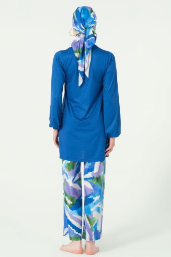 ALFASA - Alfasa Kadın Tam Kapalı Tesettür Mayo Likralı Kumaş Bol Paça Desenli - Mavi (1)