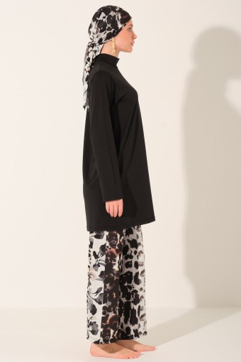 ALFASA - Alfasa Kadın Tam Kapalı Tesettür Mayo Likralı Kumaş Bol Paça Desenli - Siyah (1)