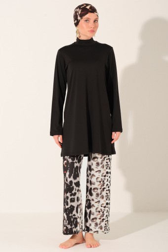 ALFASA - Alfasa Kadın Tam Kapalı Tesettür Mayo Likralı Kumaş Bol Paça Desenli - Siyah