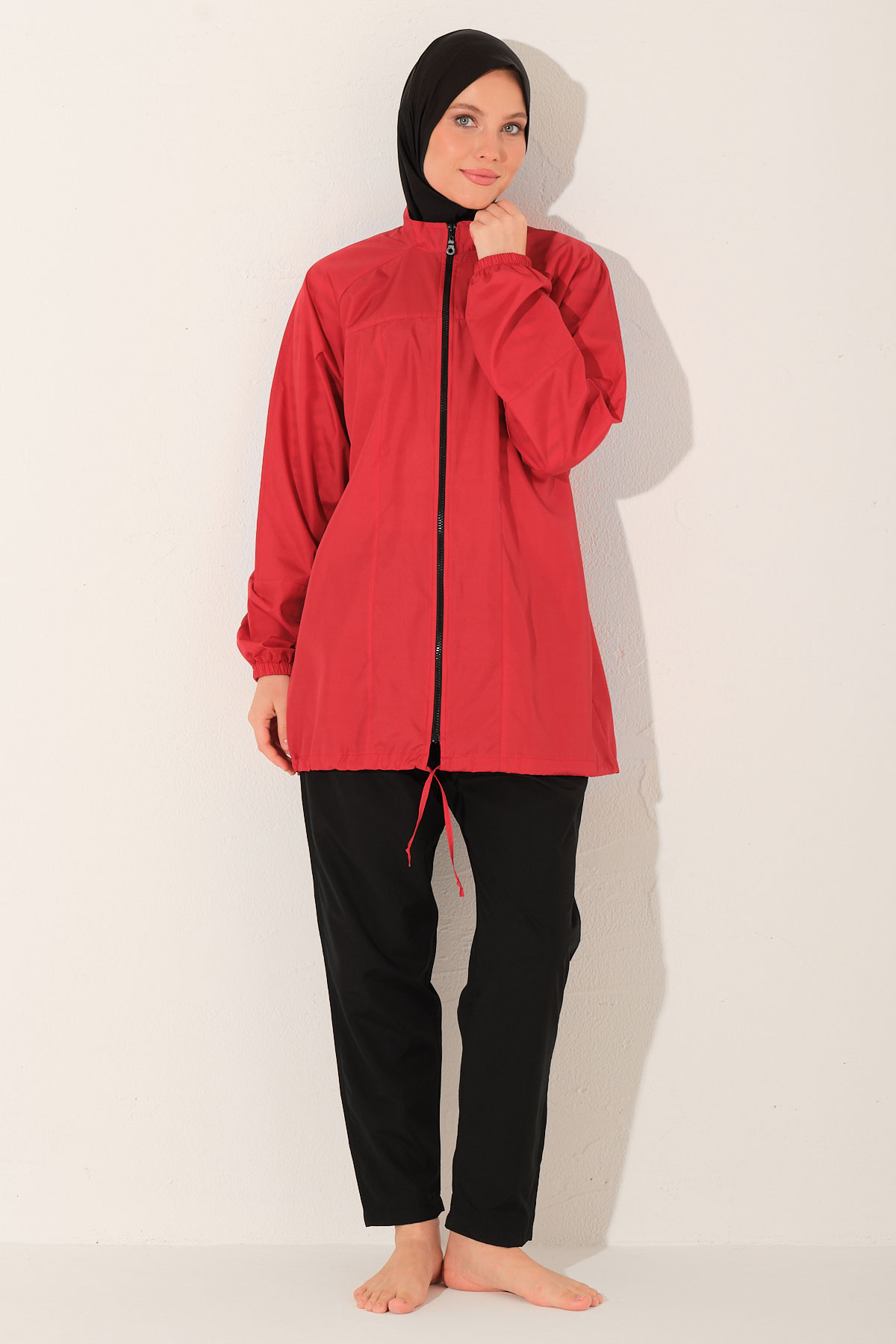 Alfasa Kadın Tam Kapalı Tesettür Mayo Paraşüt Kumaş Fermuarlı Düz Paça - Kırmızı - Thumbnail