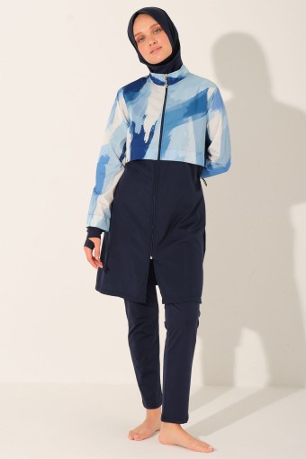 ALFASA - Alfasa Kadın Tam Kapalı Tesettür Mayo Parmak Detaylı Croplu Fermuarlı Paraşüt Kumaş Düz Paça Desenli - Lacivert