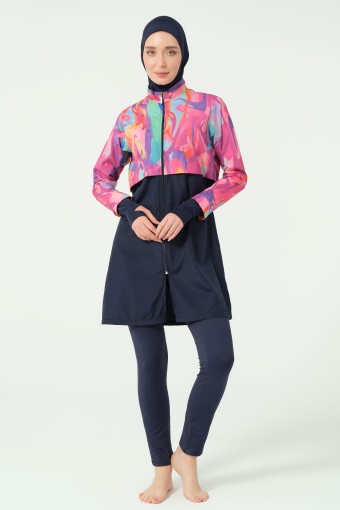 ALFASA - Alfasa Kadın Tam Kapalı Tesettür Mayo Parmak Detaylı Croplu Paraşüt Kumaş Düz Paça Desenli - Lacivert