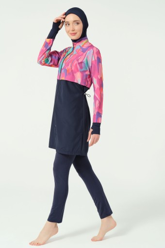 ALFASA - Alfasa Kadın Tam Kapalı Tesettür Mayo Parmak Detaylı Croplu Paraşüt Kumaş Düz Paça Desenli - Lacivert (1)