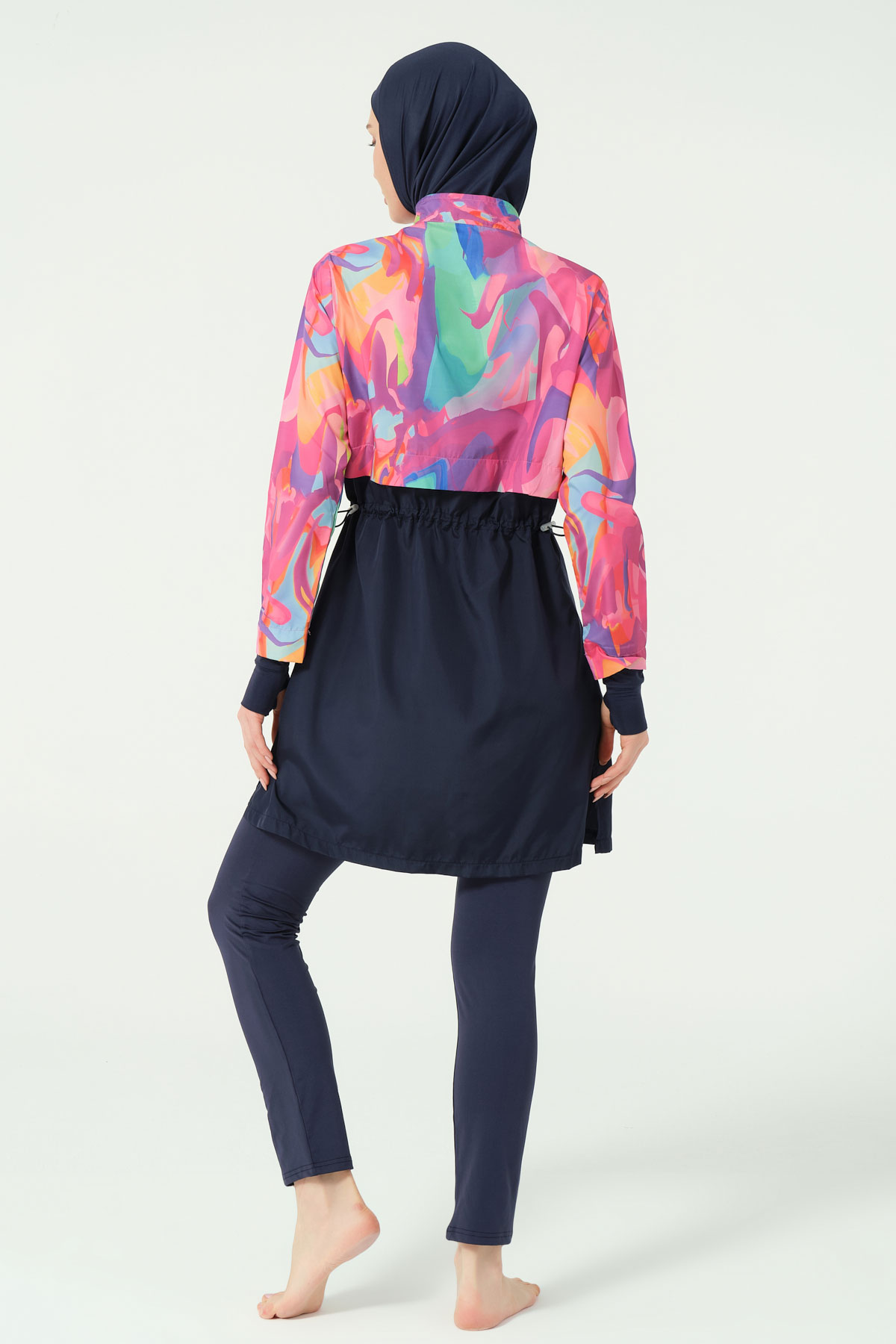 Alfasa Kadın Tam Kapalı Tesettür Mayo Parmak Detaylı Croplu Paraşüt Kumaş Düz Paça Desenli - Lacivert - Thumbnail