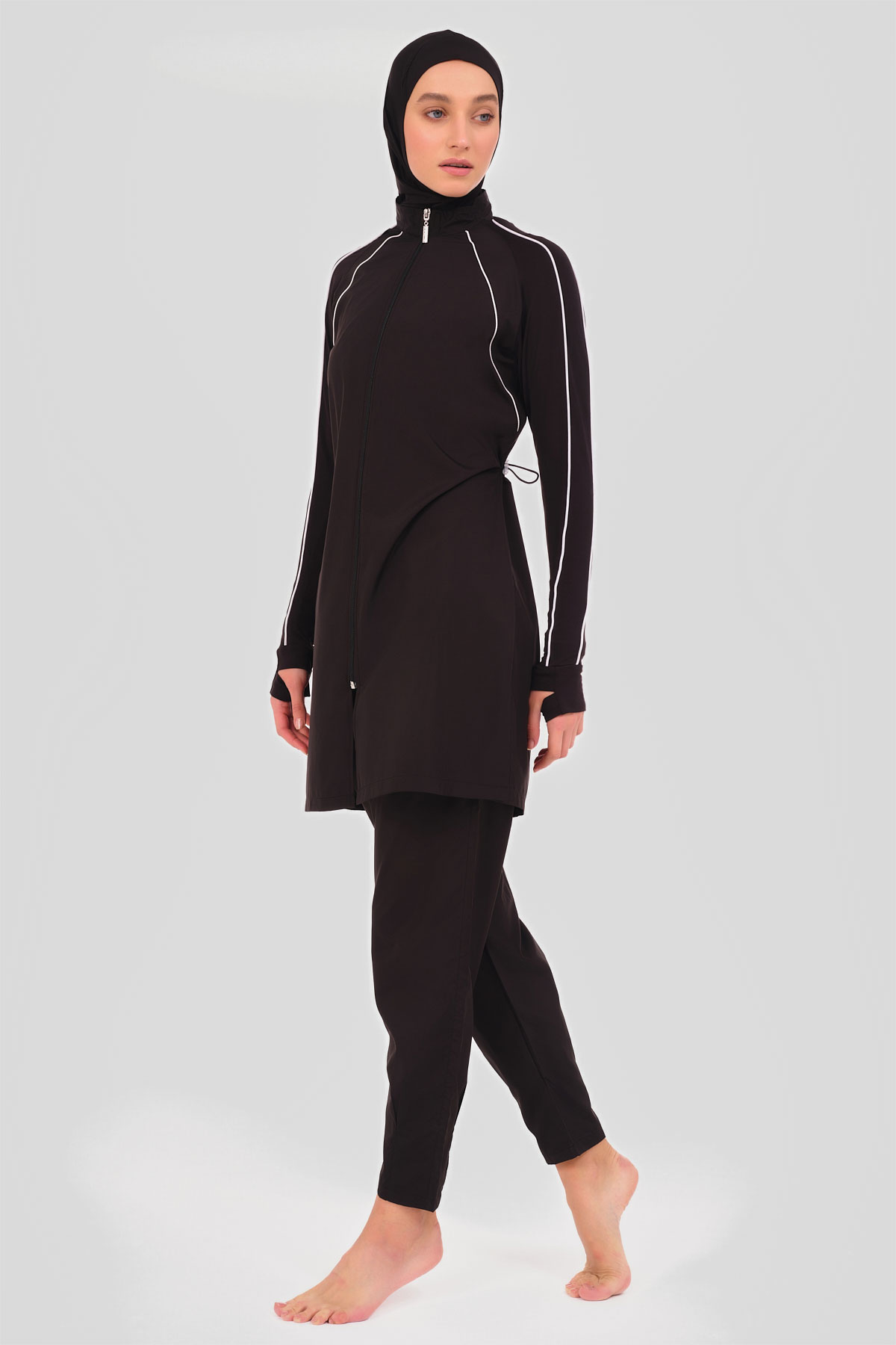 Alfasa Kadın Tam Kapalı Tesettür Mayo Parmak Detaylı Fermuarlı Biyeli Paraşüt Düz Paça - Siyah - Thumbnail