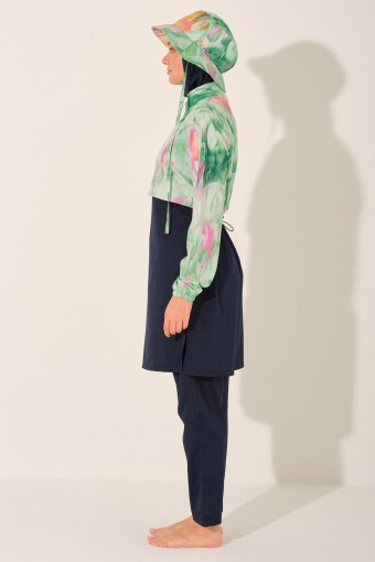 ALFASA - Alfasa Kadın Tam Kapalı Tesettür Mayo Şapkalı Crop Paraşüt Kumaş Düz Paça Desenli - Lacivert (1)