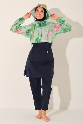 ALFASA - Alfasa Kadın Tam Kapalı Tesettür Mayo Şapkalı Crop Paraşüt Kumaş Düz Paça Desenli - Lacivert