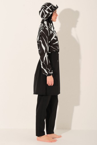 ALFASA - Alfasa Kadın Tam Kapalı Tesettür Mayo Şapkalı Croplu Paraşüt Kumaş Düz Paça Desenli - Siyah (1)