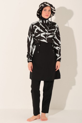 ALFASA - Alfasa Kadın Tam Kapalı Tesettür Mayo Şapkalı Croplu Paraşüt Kumaş Düz Paça Desenli - Siyah