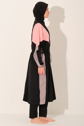 ALFASA - Alfasa Kadın Tam Kapalı Tesettür Mayo Uzun Fermuarlı Paraşüt Kumaş Düz Paça Parçalı - Siyah