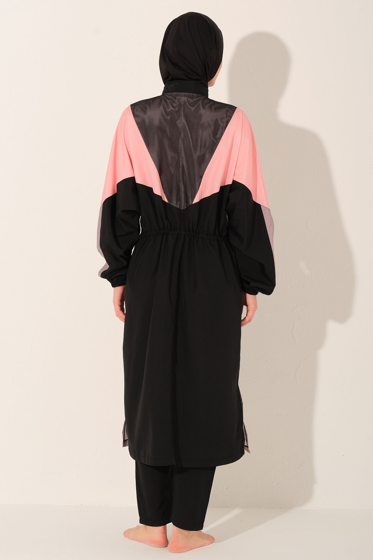 Alfasa Kadın Tam Kapalı Tesettür Mayo Uzun Fermuarlı Paraşüt Kumaş Düz Paça Parçalı - Siyah - Thumbnail