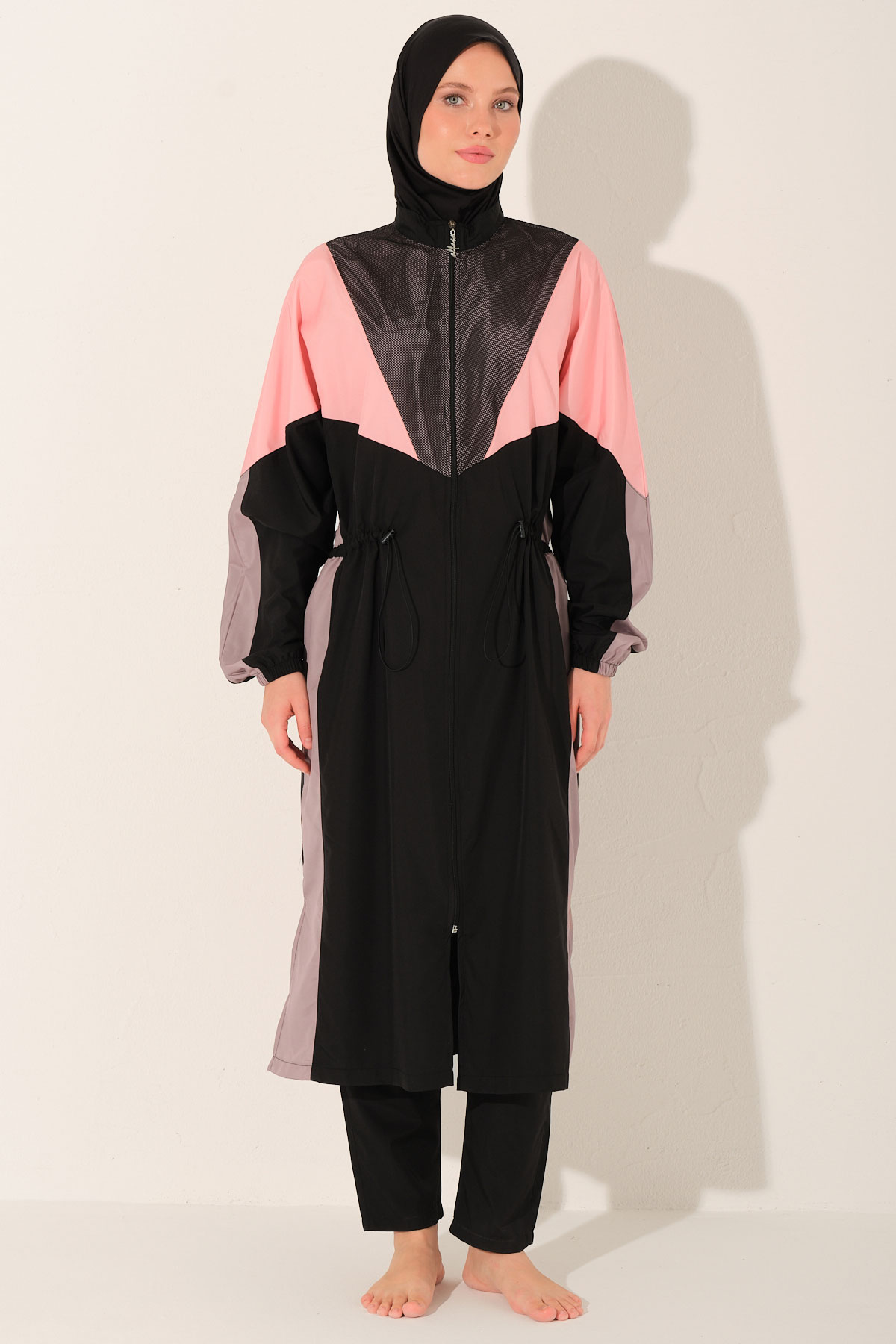 Alfasa Kadın Tam Kapalı Tesettür Mayo Uzun Fermuarlı Paraşüt Kumaş Düz Paça Parçalı - Siyah - Thumbnail