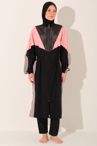 ALFASA - Alfasa Kadın Tam Kapalı Tesettür Mayo Uzun Fermuarlı Paraşüt Kumaş Düz Paça Parçalı - Siyah