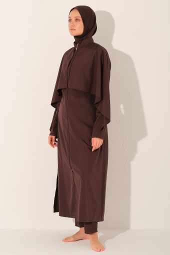 ALFASA - Alfasa Kadın Tam Kapalı Tesettür Mayo Volanlı Uzun Fermuarlı Paraşüt Kumaş Düz Paça - Kahverengi