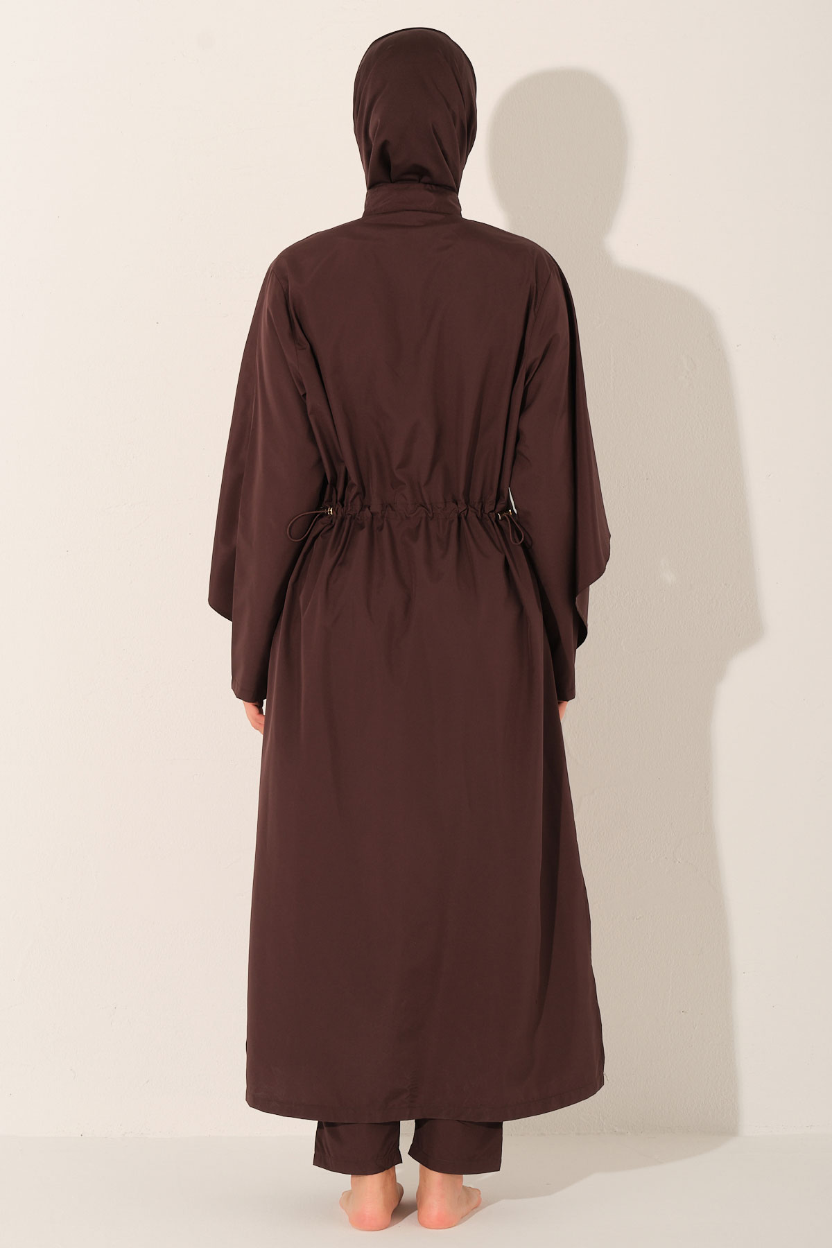 Alfasa Kadın Tam Kapalı Tesettür Mayo Volanlı Uzun Fermuarlı Paraşüt Kumaş Düz Paça - Kahverengi - Thumbnail