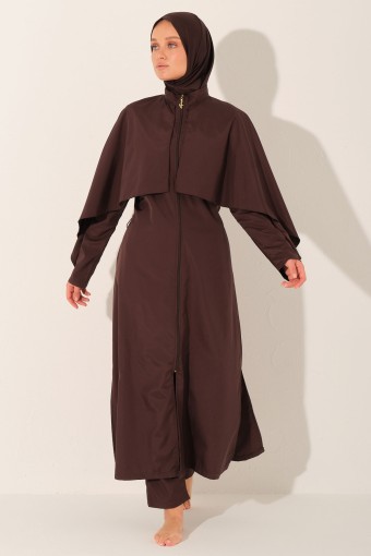ALFASA - Alfasa Kadın Tam Kapalı Tesettür Mayo Volanlı Uzun Fermuarlı Paraşüt Kumaş Düz Paça - Kahverengi