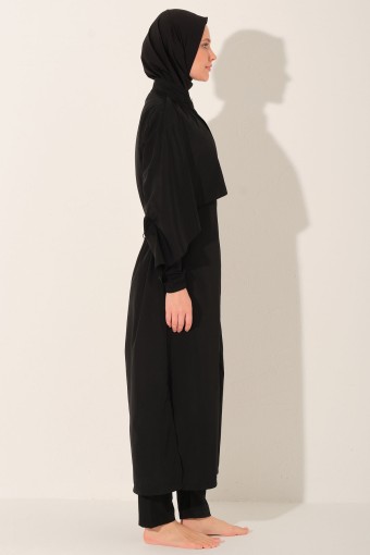 ALFASA - Alfasa Kadın Tam Kapalı Tesettür Mayo Volanlı Uzun Fermuarlı Paraşüt Kumaş Düz Paça - Siyah