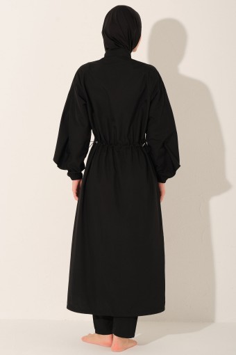 ALFASA - Alfasa Kadın Tam Kapalı Tesettür Mayo Volanlı Uzun Fermuarlı Paraşüt Kumaş Düz Paça - Siyah (1)