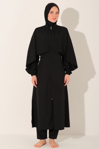 ALFASA - Alfasa Kadın Tam Kapalı Tesettür Mayo Volanlı Uzun Fermuarlı Paraşüt Kumaş Düz Paça - Siyah