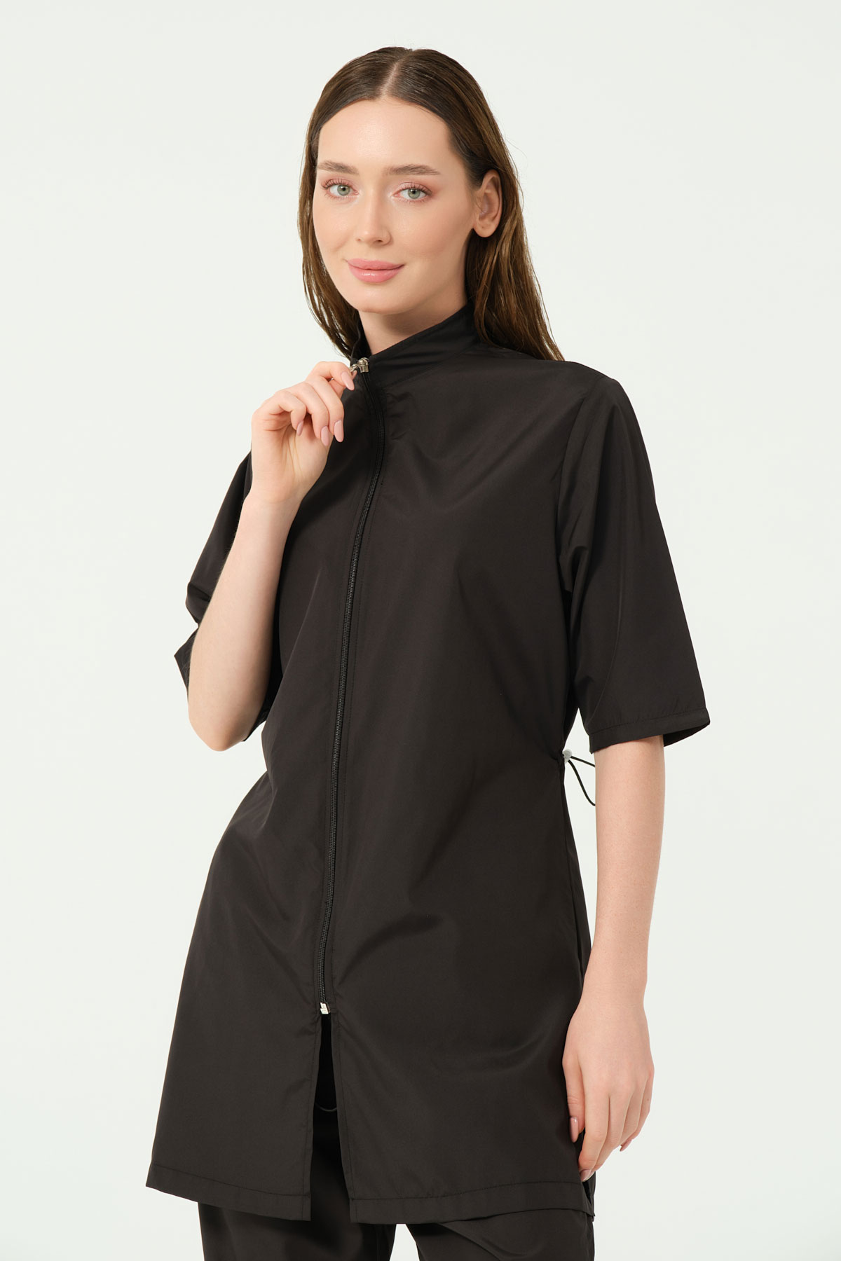 Alfasa Kadın Yarı Kapalı Mayo Büyük Beden Kısa Kol Bel Paça Lastikli Paraşüt Fermuarlı - Siyah - Thumbnail