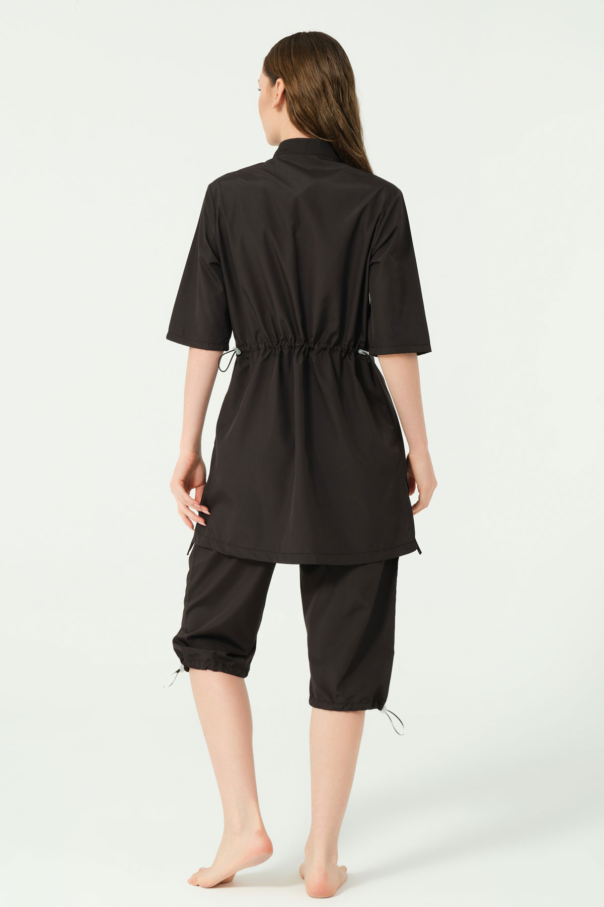 Alfasa Kadın Yarı Kapalı Mayo Büyük Beden Kısa Kol Bel Paça Lastikli Paraşüt Fermuarlı - Siyah - Thumbnail