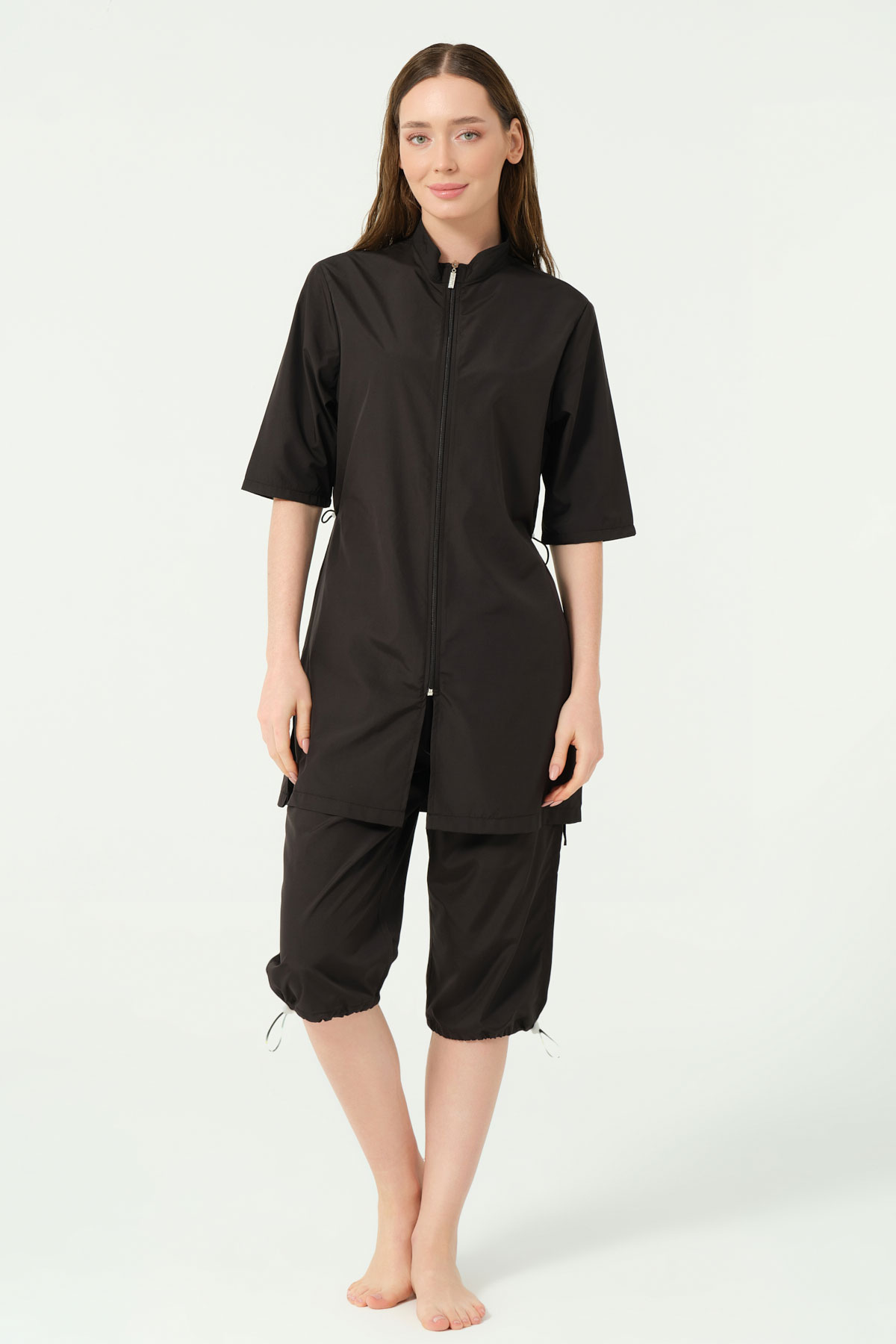 Alfasa Kadın Yarı Kapalı Mayo Büyük Beden Kısa Kol Bel Paça Lastikli Paraşüt Fermuarlı - Siyah - Thumbnail