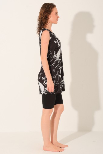 ALFASA - Alfasa Kadın Yarı Kapalı Mayo Büyük Beden Sıfır Kollu Likra Kumaş Desenli - Siyah