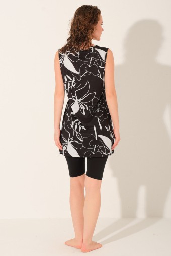 ALFASA - Alfasa Kadın Yarı Kapalı Mayo Büyük Beden Sıfır Kollu Likra Kumaş Desenli - Siyah (1)