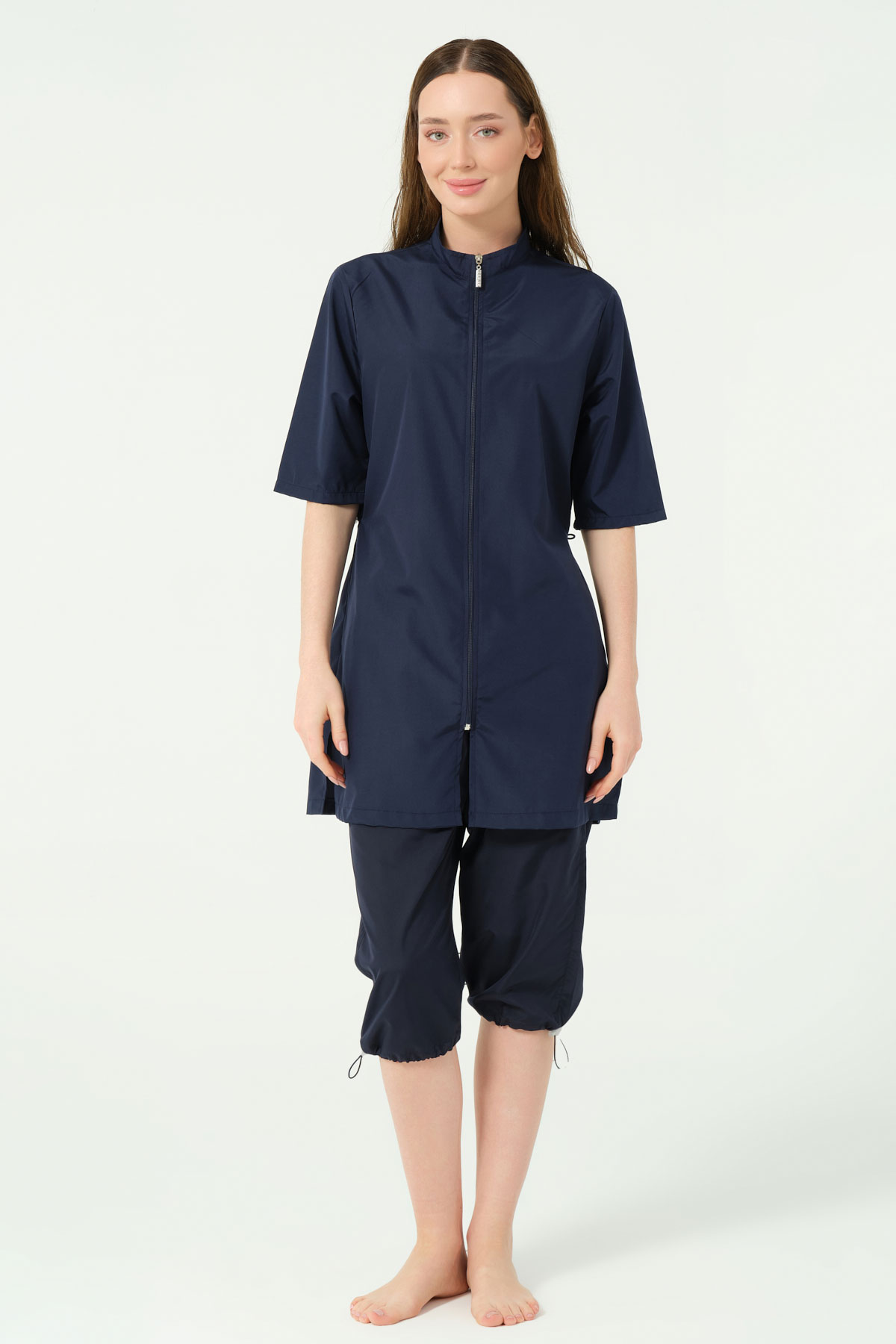 Alfasa Kadın Yarı Kapalı Mayo Fermuarlı Paraşüt Düz Paça Bel Lastikli - Lacivert - Thumbnail